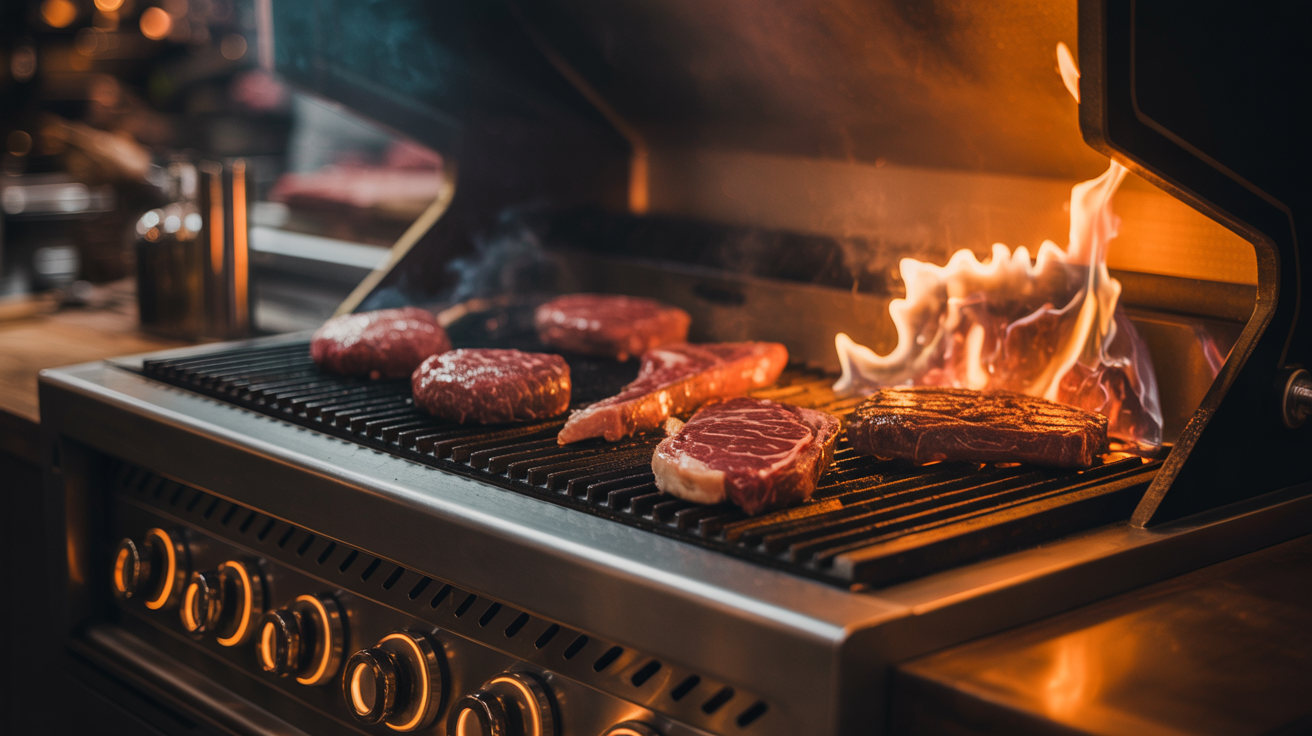 Parrilla com chamas grelhando carne Angus premium no The Angus